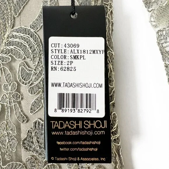 NWT Tadashi Shoji Dress Corded Embroidery On Tulle 3/4 Sleeve. Smoke Pearl Sz 2P